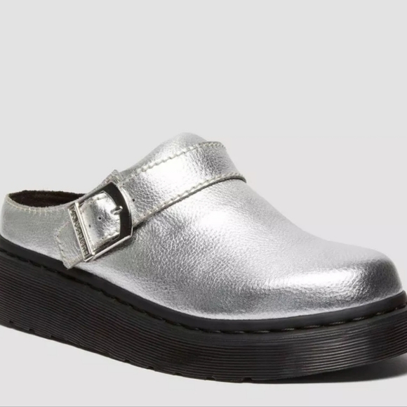 Dr Martens Laketen Slingback Mules Metallic Silver Tumbled Leather- M/8 W/9